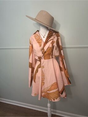 Pink Tropical Print Long Sleeve Fit-and-Flare Dress size L